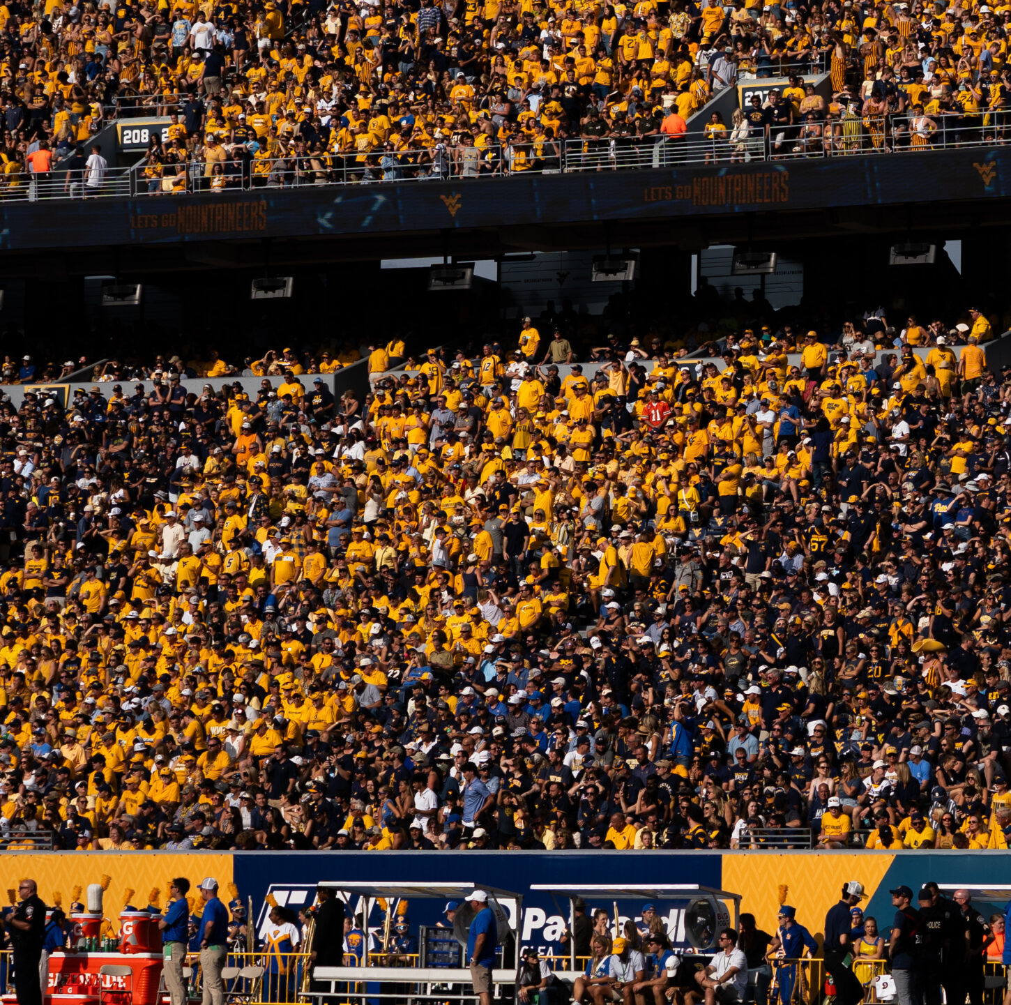 WVU fans stripe Milan Puskar Stadium as WVU faces Pitt on September 13, 2025. Credit: Santana Withrow/WV Sports Nation